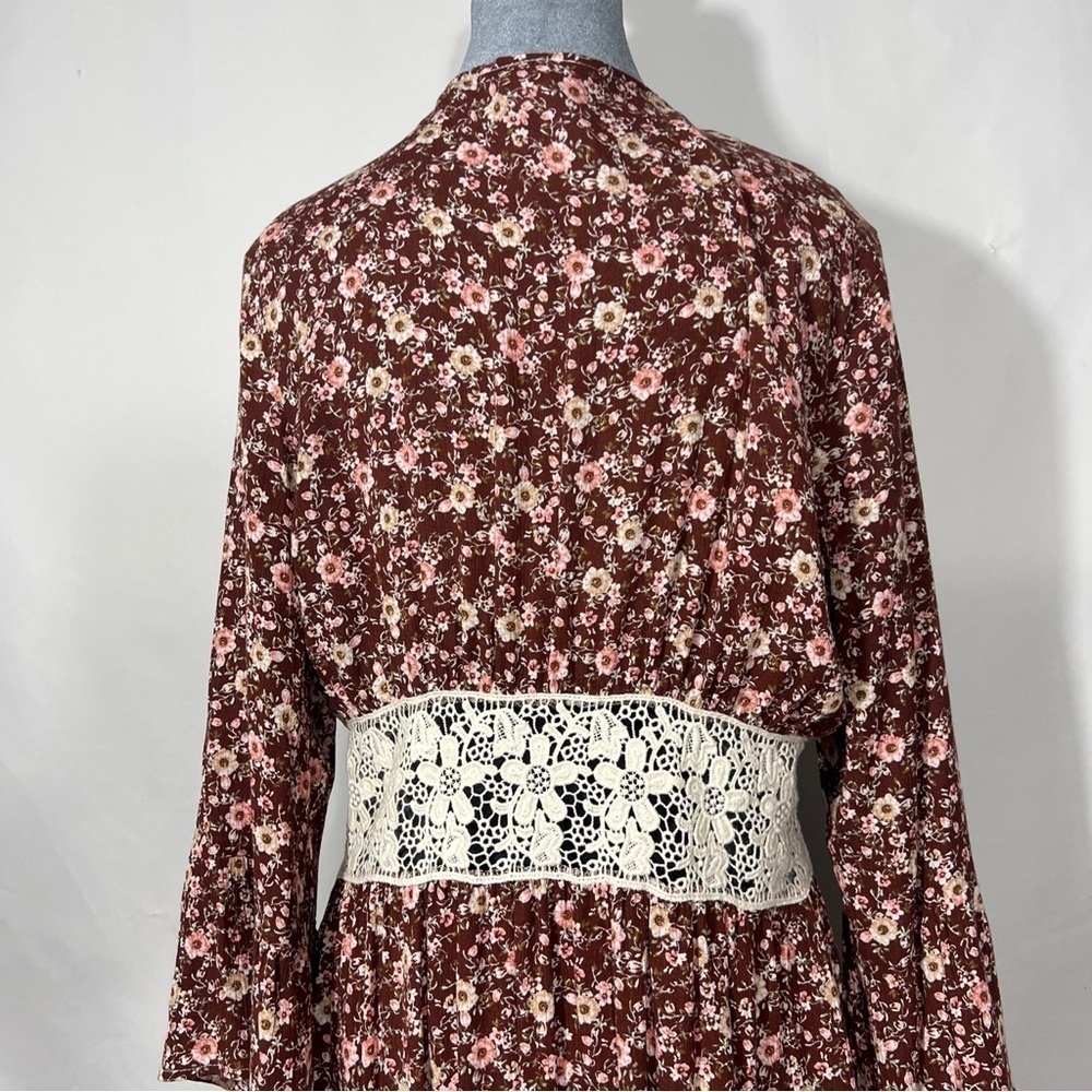 Vintage Jody California Cover Up Flower Print Flare Sleeve Womens Brown Sz L/XL - Picture 6 of 13